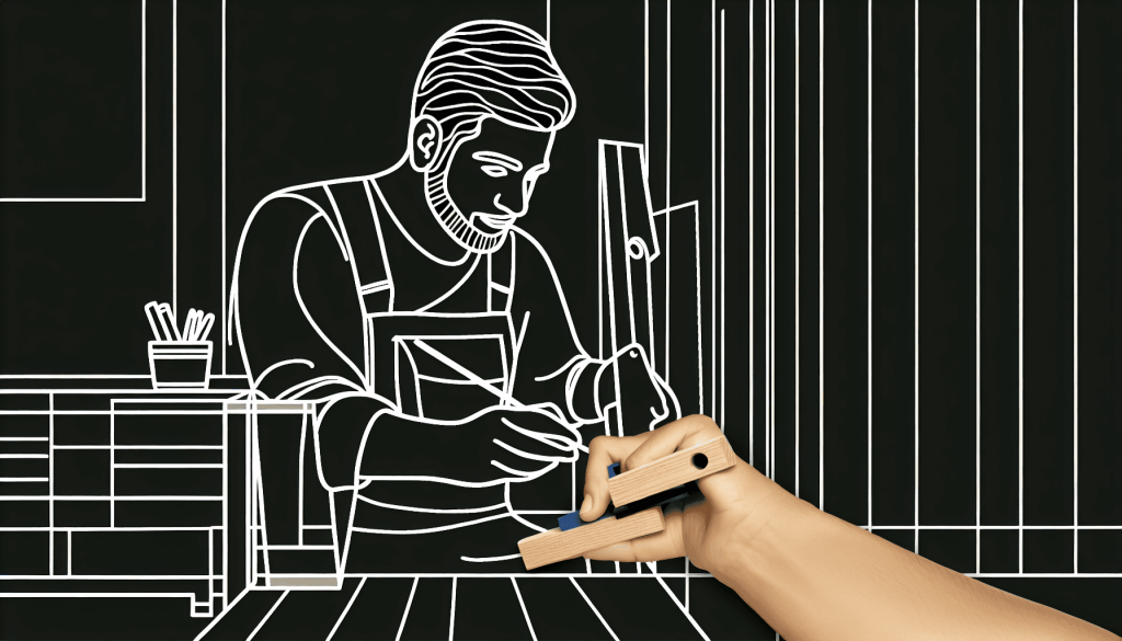 En enlinjet tegning af en fokuseret spansktalende mand, klædt i arbejdstøj, der bruger et snoreværktøj til at lave en lige linje på en væg og viser si