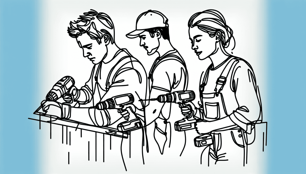 Linjekunstillustration af en kaukasisk, hispanisk og asiatisk person, der hver især bruger forskellige boremaskiner i et værksted. Den kaukasiske pers