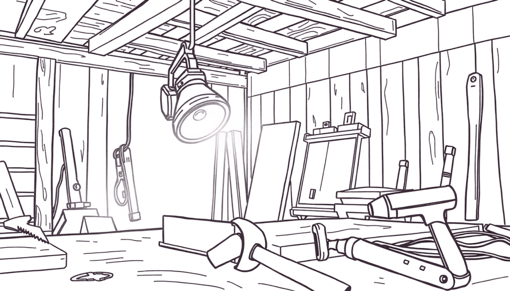 En enlinjet tegning af en arbejdslygte, der belyser et snedkerarbejdsområde med værktøjer som en sav og hammer i forgrunden, der symboliserer håndv...