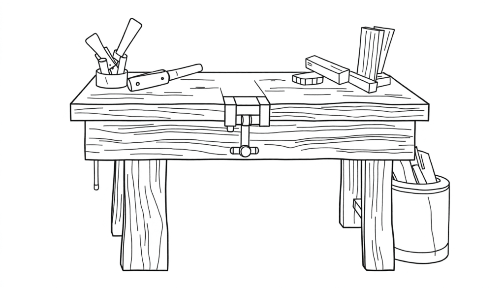 En enlinjet tegning af et robust arbejdsbord med en skruestik, omgivet af snedkerredskaber som en mejsel og en sav, der repræsenterer håndværk inde...