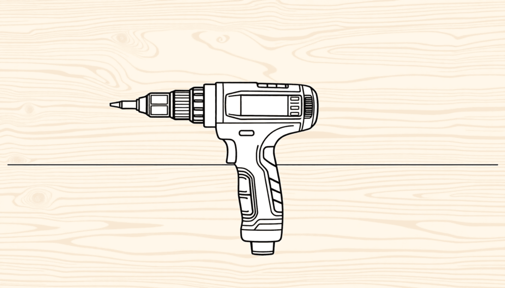 En-linjetegning af en elektrisk skruetrækker mod en træbaggrund, der fremhæver dens funktioner og alsidighed inden for tømrerarbejde og håndværk.