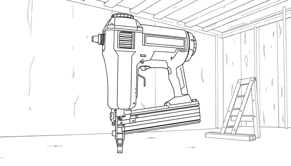 Enlinjet tegning af en automatisk hæftepistol i aktion med en byggeplads i baggrunden, der fremhæver elementer til installation af gipsvægge og vær...