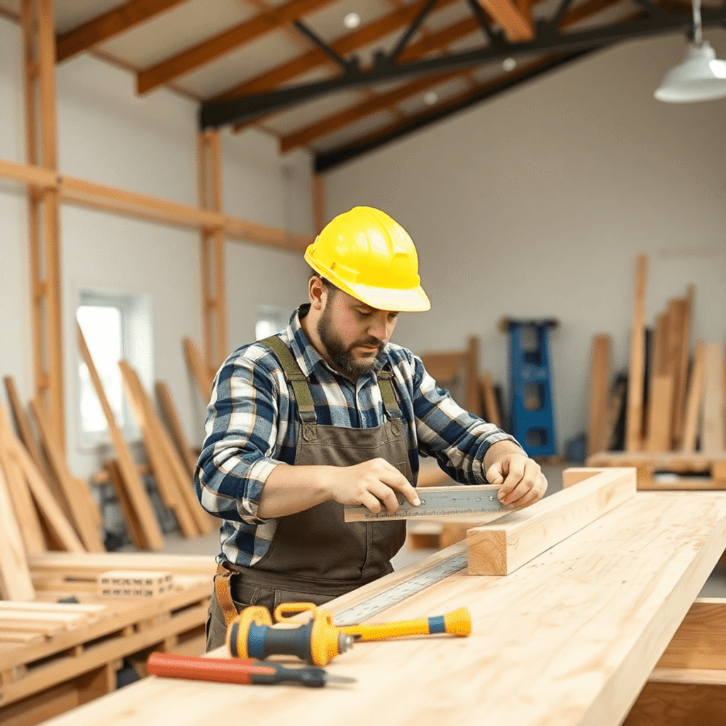 En dygtig snedker i et lyst værksted måler og bearbejder træ, omgivet af træbjælker og værktøj, der viser håndværk og præcision.