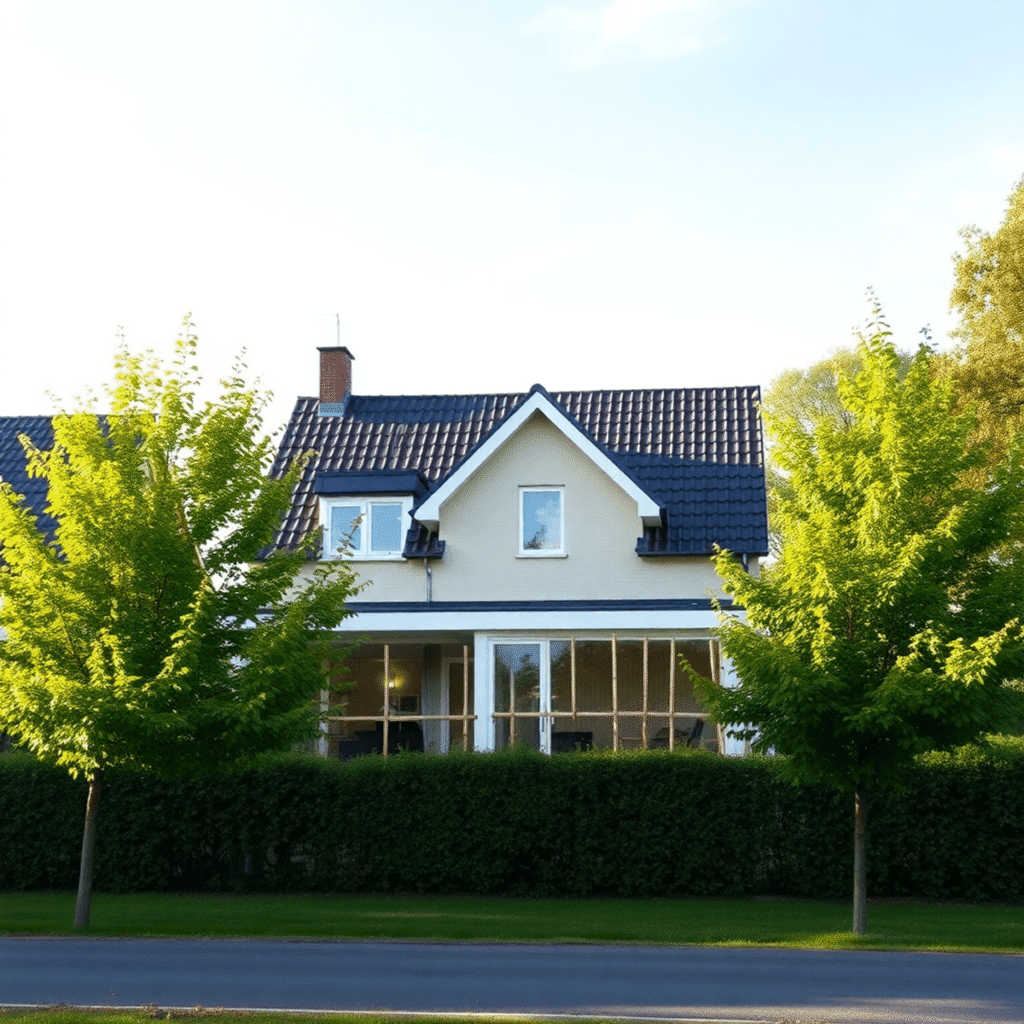 En moderne dansk villa i forstaden med en ny tilbygning under konstruktion, omgivet af grønne træer og en klar blå himmel.