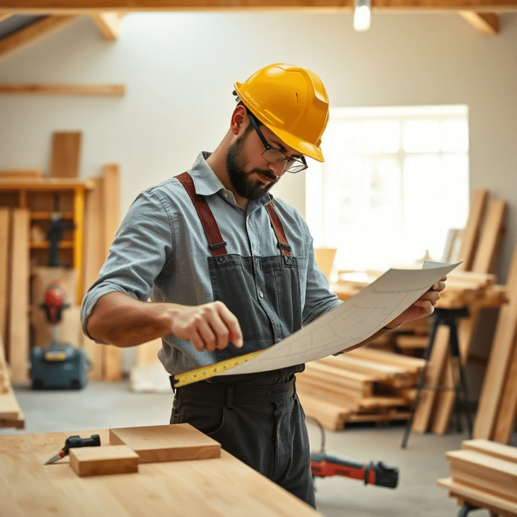 En snedker måler træ i et lyst værksted fyldt med træplanker og værktøj, som viser håndværk og projektplanlægning.