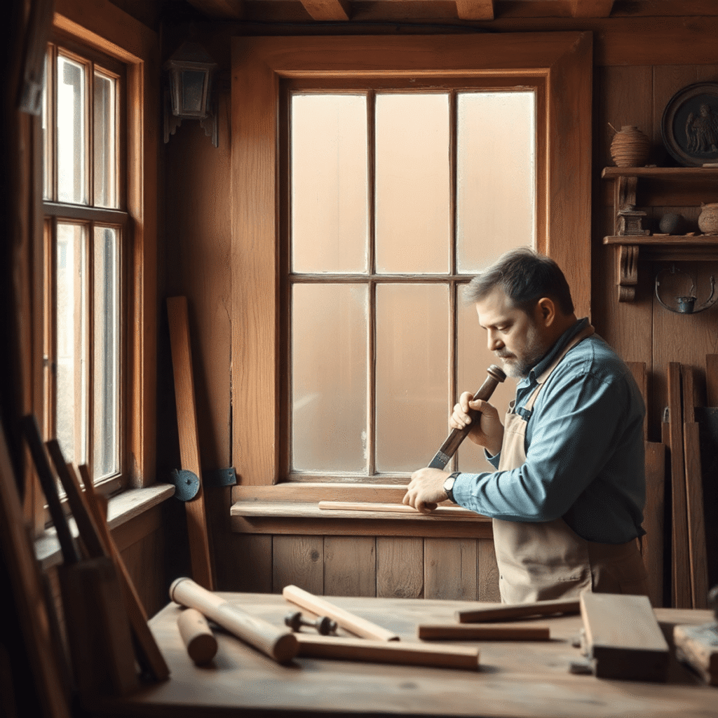En tømrer, der restaurerer en gammel vinduesramme i træ med traditionelle værktøjer i et vintagehus, omgivet af naturlige træstrukturer og klassisk...