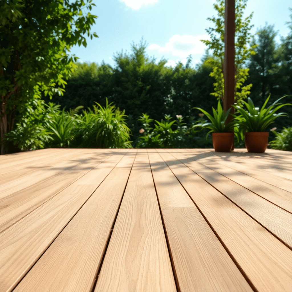 Solbeskinnet træterrasse med rene planker omgivet af frodig grøn vegetation under en klar himmel, der fremhæver den naturlige træstruktur og en fri...