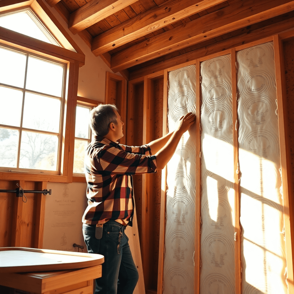 Tømrer installerer isoleringspaneler i et moderne hjem med træbjælker og naturligt lys, hvilket symboliserer energieffektivitet og renovering.