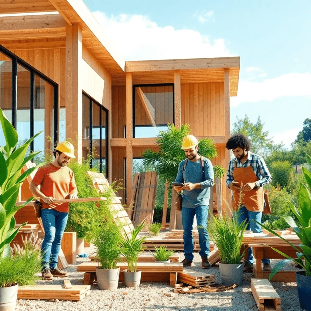 Tømrere arbejder med naturligt træ på en moderne, miljøvenlig byggeplads omgivet af grønne planter under en klar himmel.