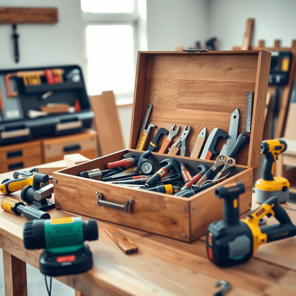 Åben tømrerens værktøjskasse på en træbænk med håndværktøj, trådløse elværktøjer og sikkerhedsudstyr i et lyst, rent værksted oplyst af naturligt lys.