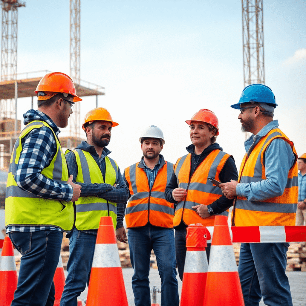 Bygningsarbejdere i hjelme og veste inspicerer en byggeplads med forsigtighedskegler, barrierer, stilladser og byggematerialer under en klar himmel.