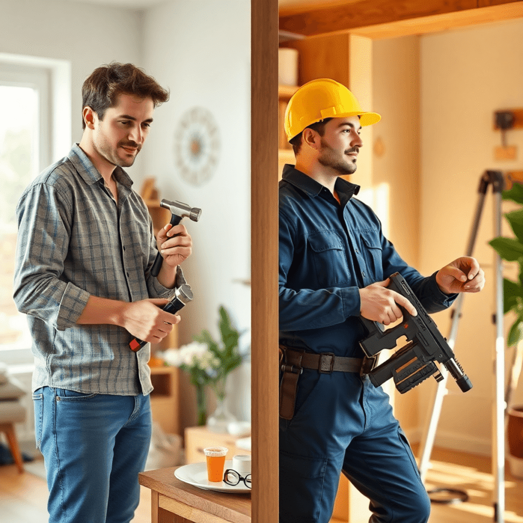 Delt scene af en hjemme-reparation: den ene side viser en person, der laver gør-det-selv arbejde med grundlæggende værktøjer, den anden side viser ...