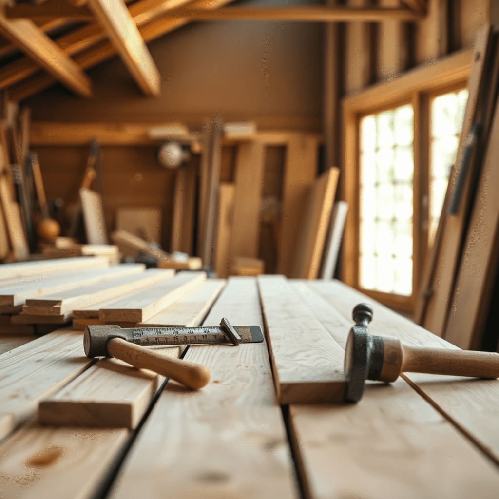 Hænder måler træplanker med snedkerredskaber i et solbeskinnet værksted, der fremhæver håndværk og opmærksomhed på detaljerne.
