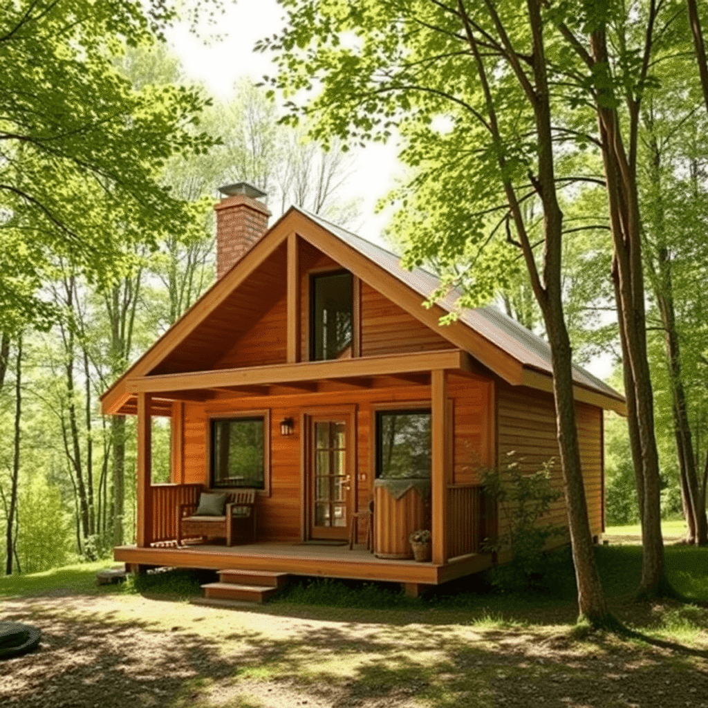 Hyggeligt træsommerhus omgivet af grønne træer og blødt sollys, der fremviser varme cedertræsteksturer og miljøvenligt design i en frodig naturlig ...