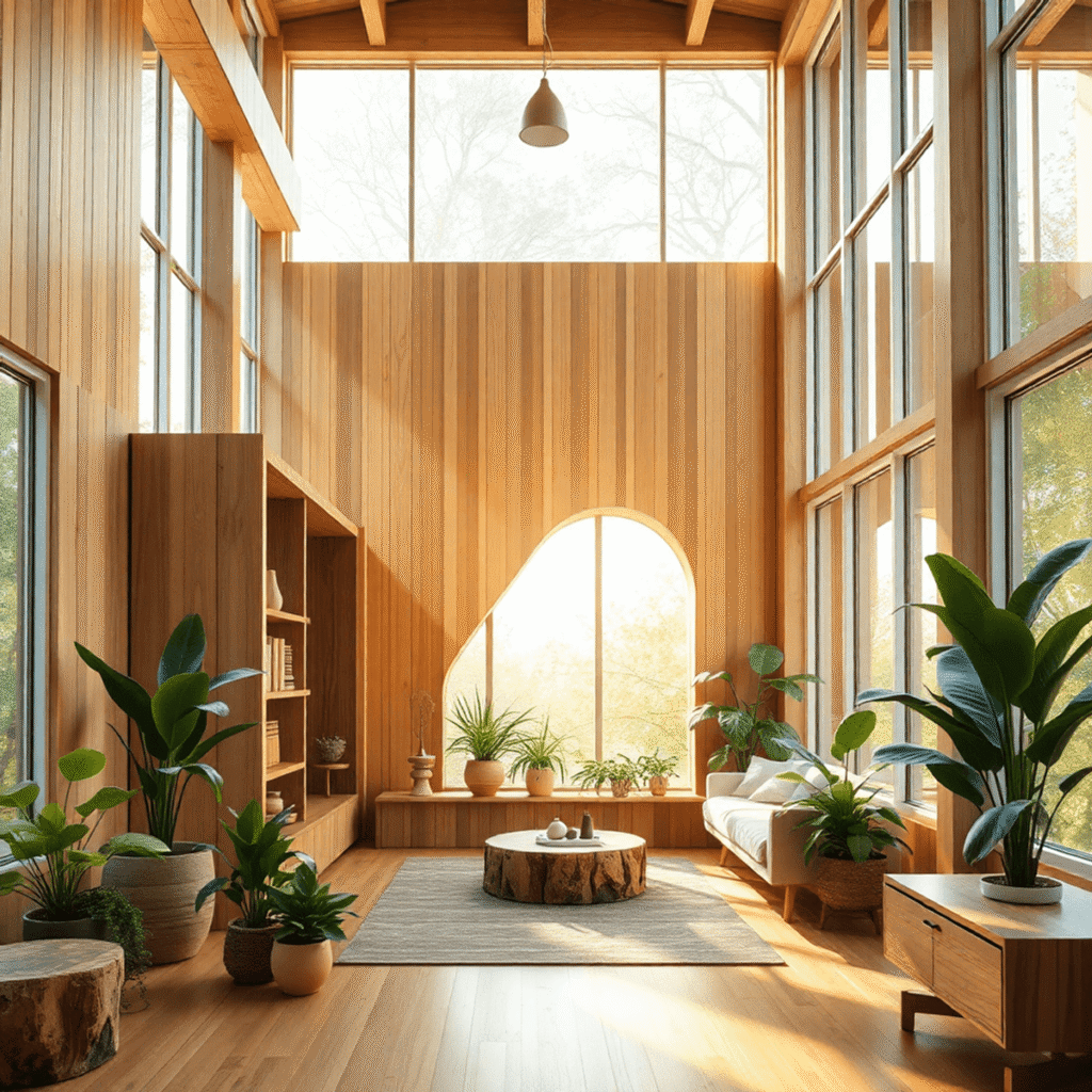 Lys moderne interiør med naturligt træ, grønne planter, sollys gennem store vinduer, der fremhæver genbrugsmaterialer og abstrakte former, der symb...