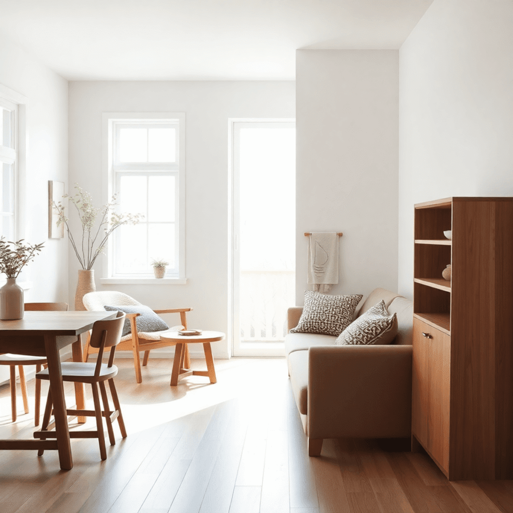 Minimalistisk skandinavisk rum med håndlavet møbler i massivt træ, rene linjer, naturlige overflader og blødt naturligt lys, der fremhæver enkelhed...