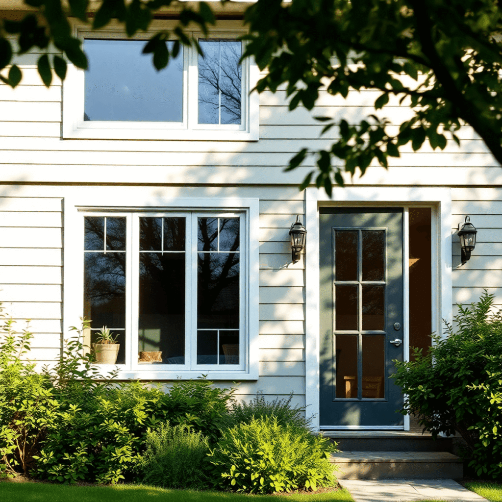 Moderne hyggeligt hjem med energivenlige dobbeltvinduer, frodig beplantning og blødt naturligt lys, der fremkalder varme og bæredygtighed.