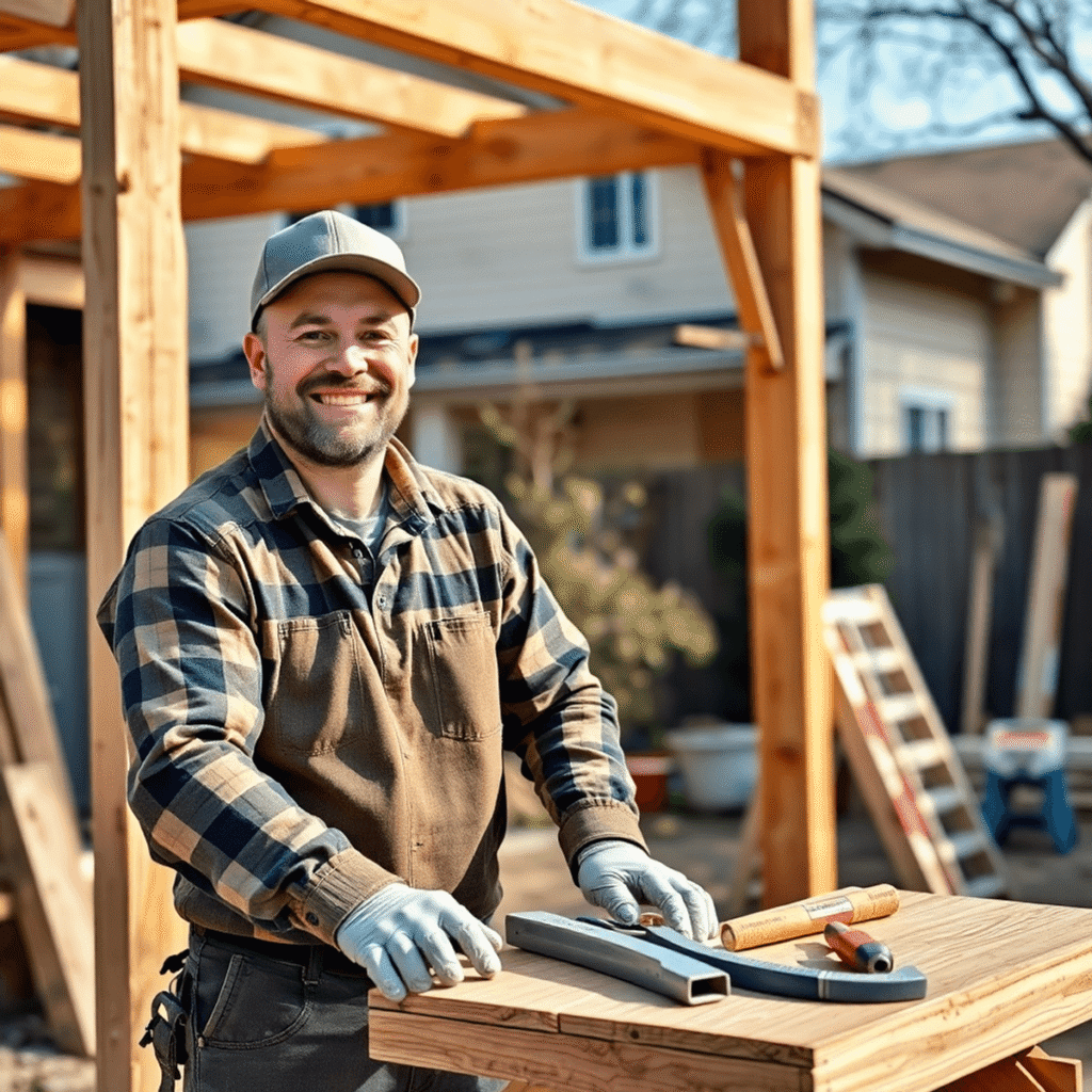 Tømrer arbejder udendørs på et træprojekt i et boligområde, omgivet af værktøj og naturligt lys, der viser håndværk og personlig service.
