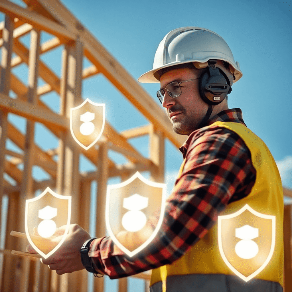 Tømrer i sikkerhedsudstyr arbejder med træbjælker, omgivet af lysende beskyttende haloer på en byggeplads med en delvist bygget struktur under klar...